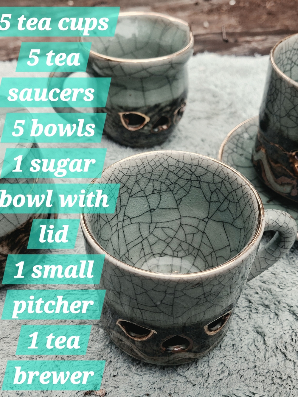 Celadon Crackle Glaze Tea Cup Set - Soft Green Tea Cups with Metallic Accents